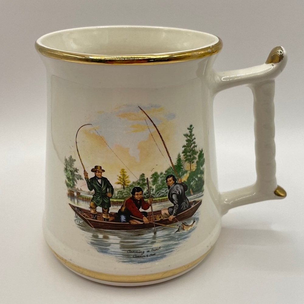 Vintage Prince William Pottery 22 Carrat Mug Currier & Ives Catching a Trout